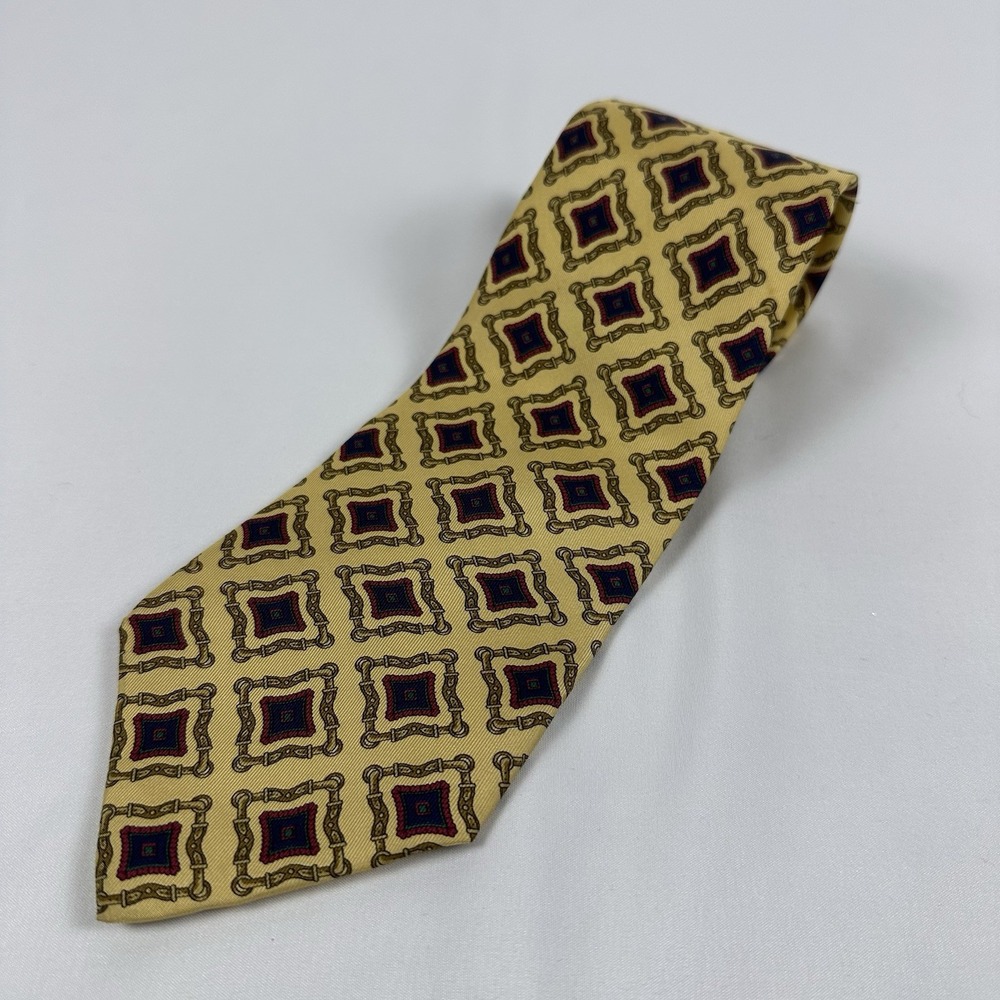 Tommy Hilfiger Silk Tie Vintage Yellow Blue Red Equestrian Bridle Geometric USA